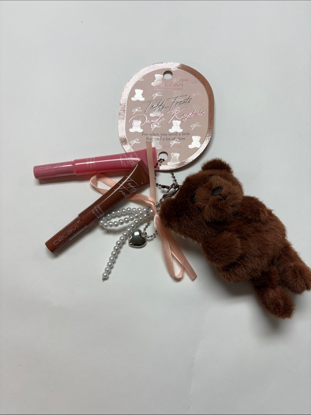 Pink & Brown Plush Bear Keychain with Lip gloss